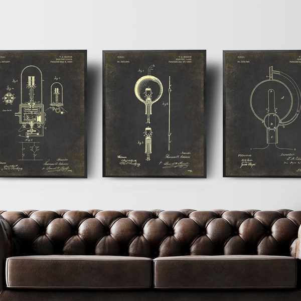 Edison Light Bulb Print Set de 3, Thomas Edison Patent, Industrial Home Decor, Print Wall Art, Technology Art, Edison Lamp Invention Poster