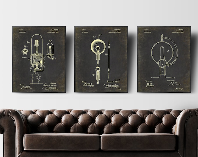 Vintage Edison Light Bulb Patent Prints: Industrial Wall Art Decor Set for Home & Office