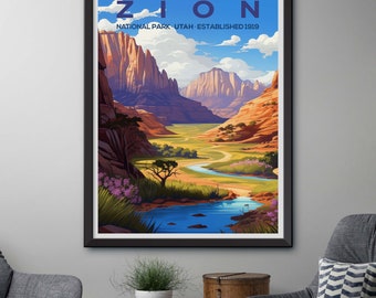 Framed Zion National Park Illustration: Nature's Majesty Travel Poster - Colorful US Wilderness Print