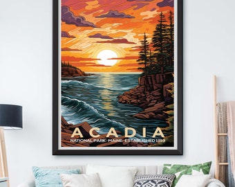 Framed Acadia National Park Poster: Maine Coastal Landscape Art