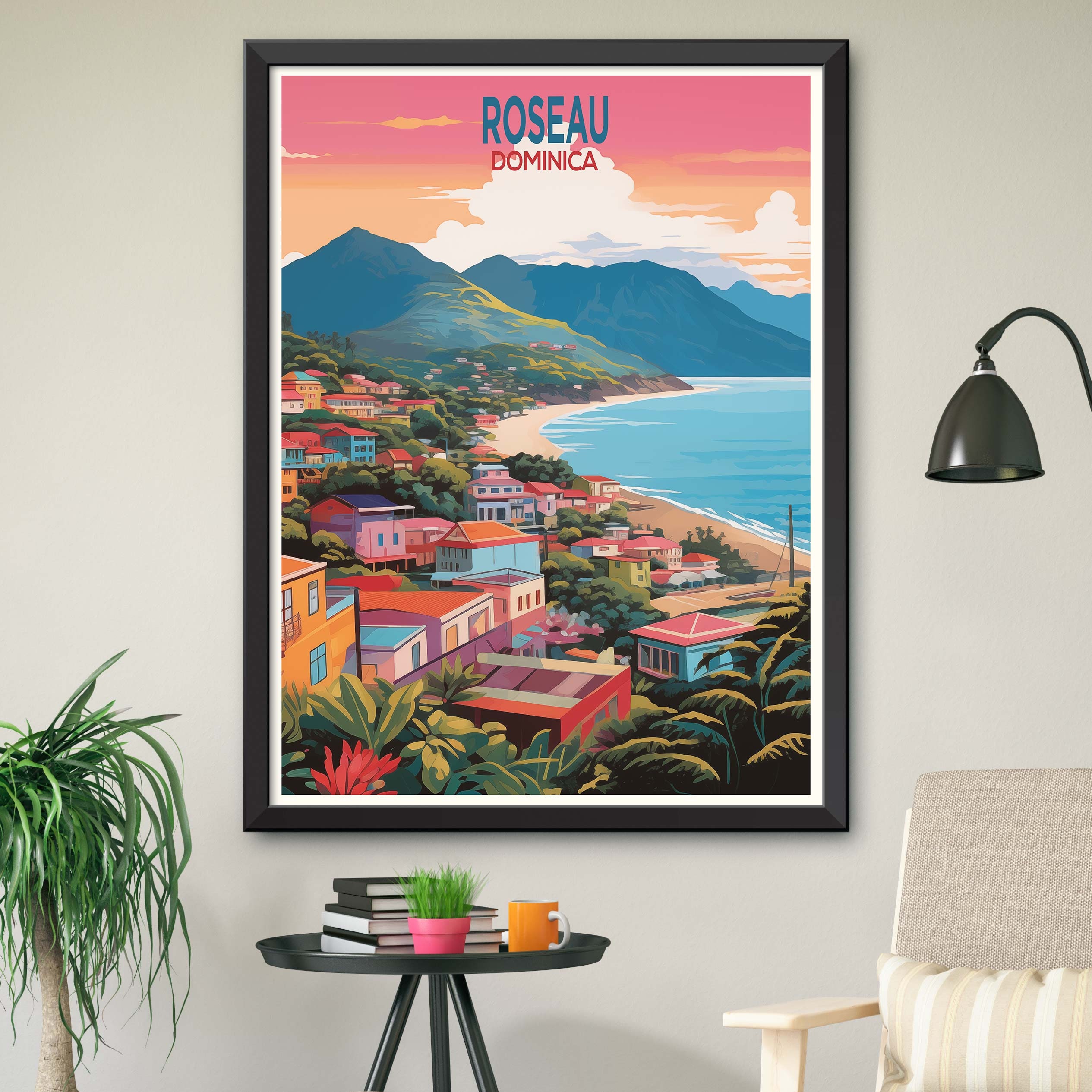 Vintage-Inspired Roseau Dominica Travel Poster - Retro Caribbean Island Artwork Print for Wall Decor