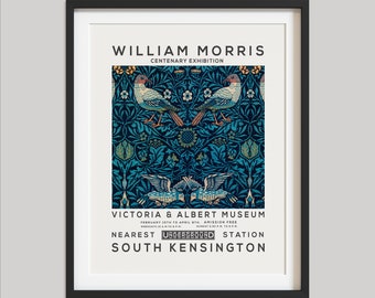Póster de la exposición floral de William Morris: Decoración de pared vintage botánica Art Nouveau con estampado de aves