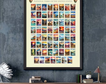 Framed 63 US National Parks Vintage-Style Art Print: Travel-Inspired Wall Decor for Adventure Enthusiasts