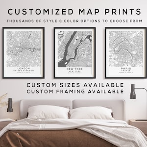 Any City Map Print Set of 3 City Maps in Grey and White Style Custom Map Print of any City in the World Your Personalized City Map image 1