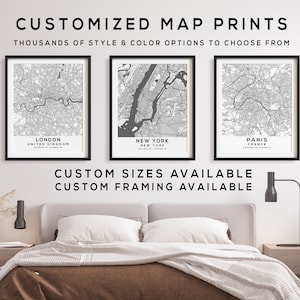 Qualquer cópia do mapa da cidade | Conjunto de 3 mapas de cidades em estilo cinza e branco | Impressão de mapa personalizado de qualquer cidade do mundo | Seu mapa da cidade personalizado