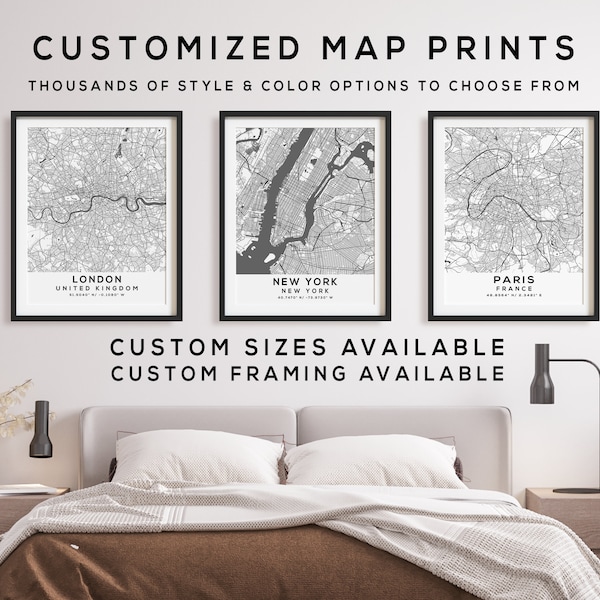 Any City Map Print | Set of 3 City Maps in Grey and White Style | Custom Map Print of any City in the World | Your Personalized City Map