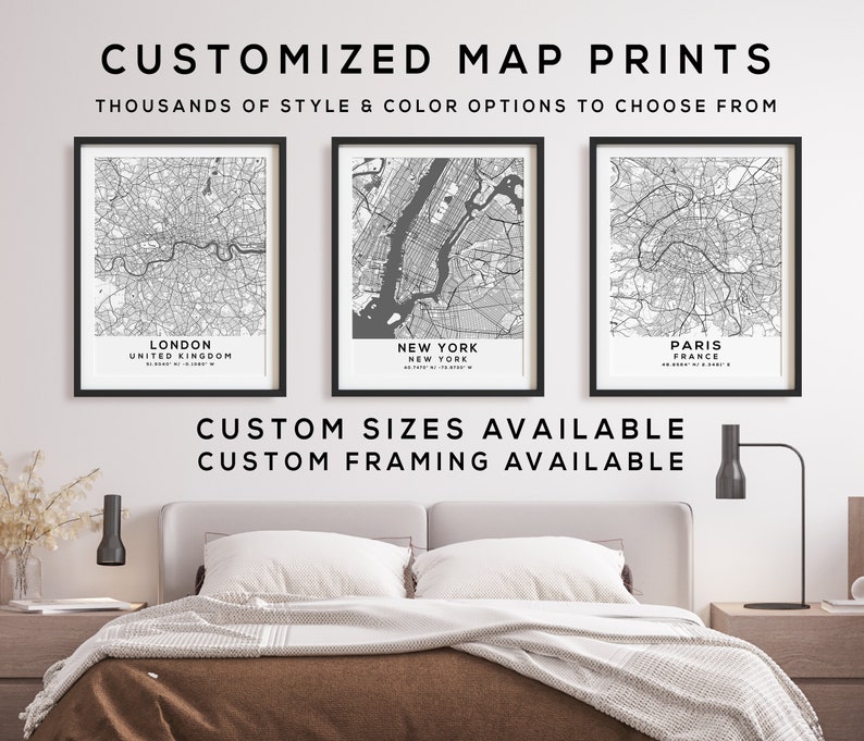 Any City Map Print Set of 3 City Maps in Grey and White Style Custom Map Print of any City in the World Your Personalized City Map image 1