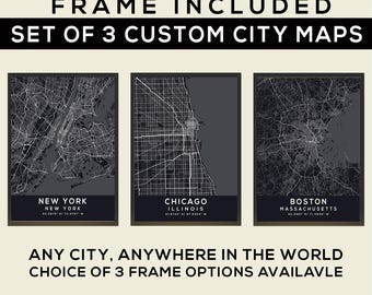 Framed City Map Set of 3: Modern Minimalist Wall Art, Real Wood & Glass