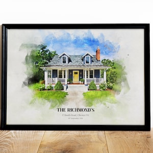 May include: A watercolor painting of a blue house with a yellow door. The house has a white porch and is surrounded by green grass and trees. The text "THE RICHMOND'S 17 Booth Road, Chester NY 18th September 2018" is printed below the house.