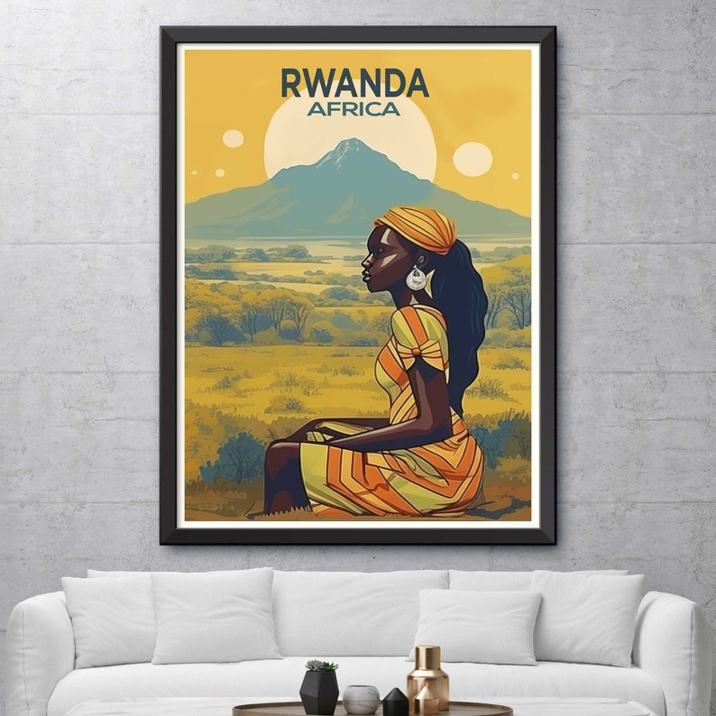May include: A vintage travel poster featuring a woman in a yellow and orange striped dress sitting in a field. The poster has the text "RWANDA AFRICA" at the top.