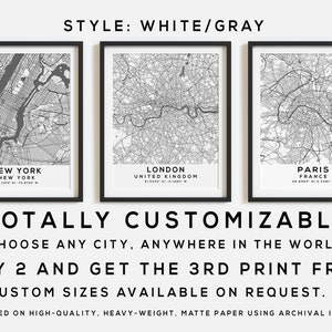 Any City Map Print Set of 3 City Maps in Grey and White Style Custom Map Print of any City in the World Your Personalized City Map image 2