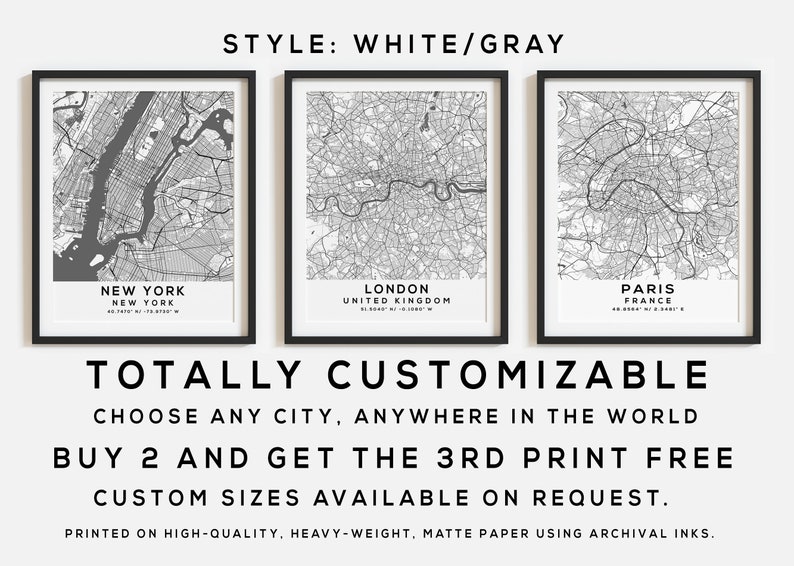 Any City Map Print Set of 3 City Maps in Grey and White Style Custom Map Print of any City in the World Your Personalized City Map image 2