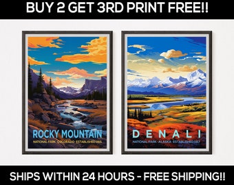 May include: Two vintage-style travel posters featuring scenic landscapes. The left poster depicts Rocky Mountain National Park in Colorado with a river flowing through a valley. The right poster shows Denali National Park in Alaska with a mountain range in the background. Both posters have a blue sky with clouds and a yellow, orange, and red sunset.