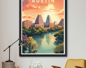 Puede incluir: Impresión artística enmarcada de Austin, Texas, con un paisaje urbano con rascacielos, un río y árboles verdes. La obra de arte tiene una paleta de colores cálidos con el texto "AUSTIN TEXAS" en la parte superior.