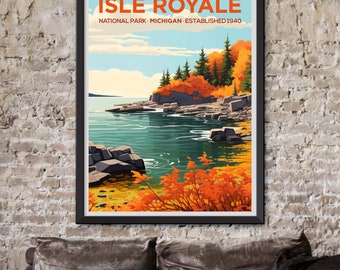 Framed Isle Royale National Park Illustration - Nature's Serenity Travel Poster with Vibrant Colors