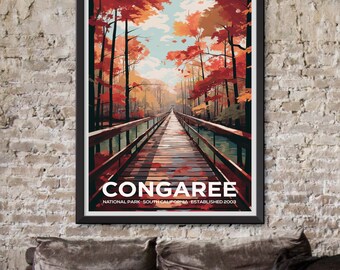 Framed Congaree National Park Illustration: Serene Wilderness Forest Art Print Poster for Nature Lovers