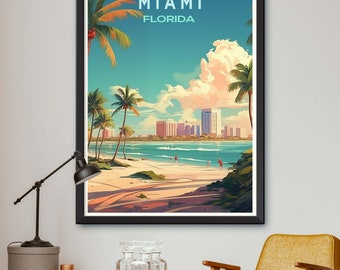 May include: A vintage-style travel poster featuring a beach scene with palm trees, a cityscape, and the text "MIAMI FLORIDA".