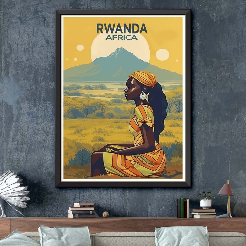 May include: A vintage travel poster featuring a woman in a yellow and orange dress sitting in a field. The poster has the text "RWANDA AFRICA" at the top.