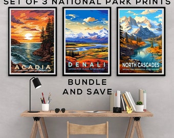 National Park Illustration Set - Set of 3 Prints - Various Sizes - Unframed Travel Poster, Vibrant Colors