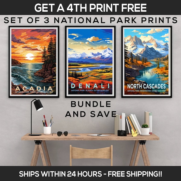 National Park Illustration Set - Set of 3 Prints - Various Sizes - Unframed Travel Poster, Vibrant Colors