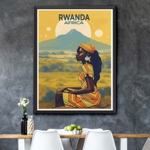 May include: A vintage travel poster featuring a woman in a yellow and orange striped dress sitting in a field. The poster has a yellow background with the text "RWANDA AFRICA" at the top.