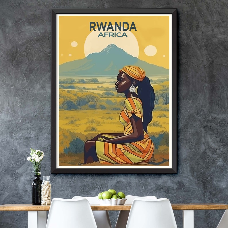 May include: A vintage travel poster featuring a woman in a yellow and orange striped dress sitting in a field. The poster has a yellow background with the text "RWANDA AFRICA" at the top.