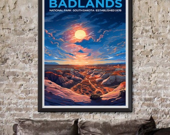 Framed Vibrant Badlands National Park Illustration: South Dakota Landscape Art Print Travel Poster