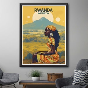 May include: A vintage travel poster featuring a woman in a yellow and orange striped dress sitting on a hill overlooking a landscape. The poster has the text "RWANDA AFRICA" at the top.