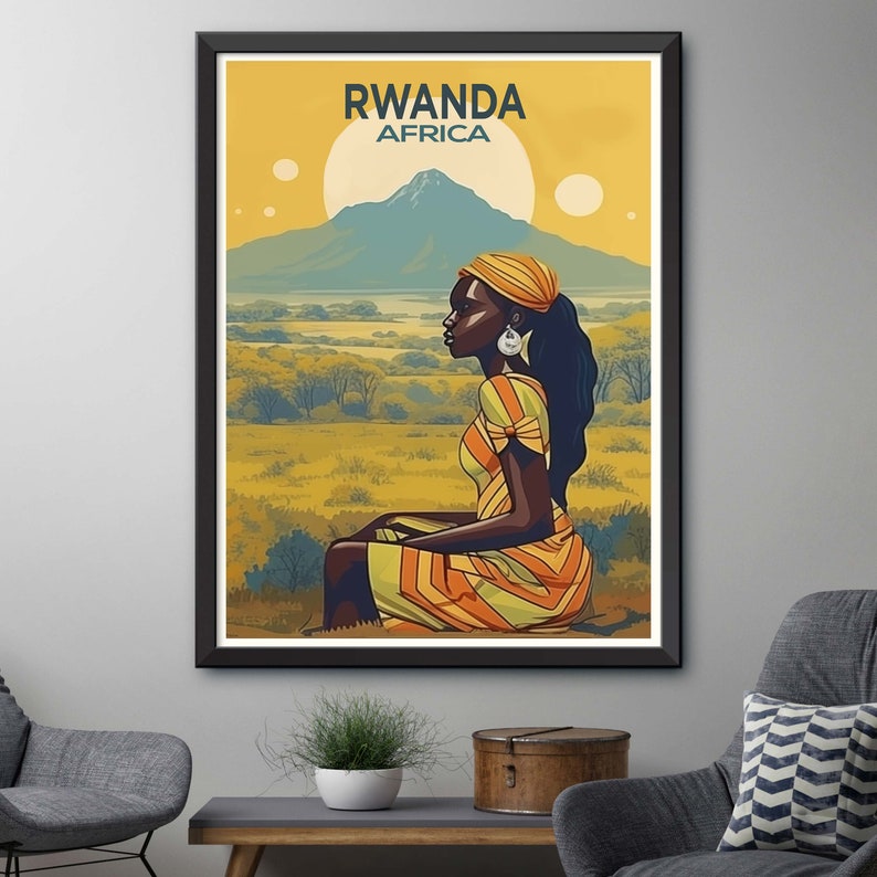 May include: A vintage travel poster featuring a woman in a yellow and orange striped dress sitting on a hill overlooking a landscape. The poster has the text "RWANDA AFRICA" at the top.