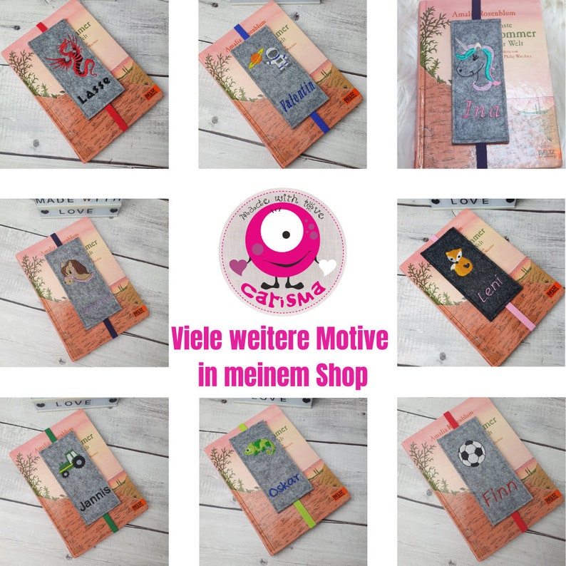 May include: Nine personalized felt bookmarks with various designs, including a dragon, astronaut, unicorn, horse, fox, tractor, lizard, and soccer ball. Each bookmark has a name embroidered on it, such as Lasse, Valentin, Leni, Jannis, Oskar, and Finn. The bookmarks are displayed on books with the text "Made with love" and "Viele weitere Motive in meinem Shop".