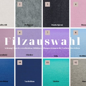 May include: A chart showing 12 different felt colors with their names in German. The colors are: white, light gray, dark gray, pink, rose, lilac, light blue, dark blue, navy blue, turquoise, and beige.