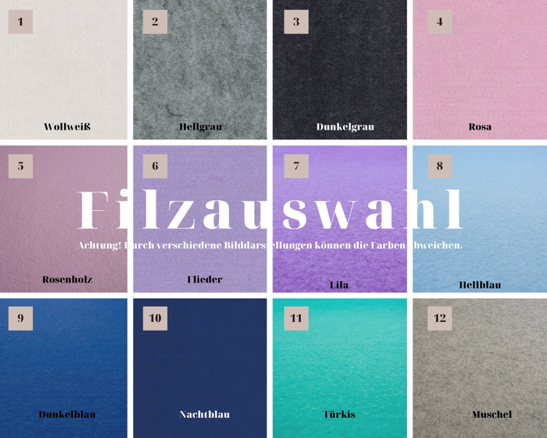 May include: A chart showing 12 different felt colors with their names in German. The colors are: white, light gray, dark gray, pink, rose, lilac, light blue, dark blue, navy blue, turquoise, and beige.