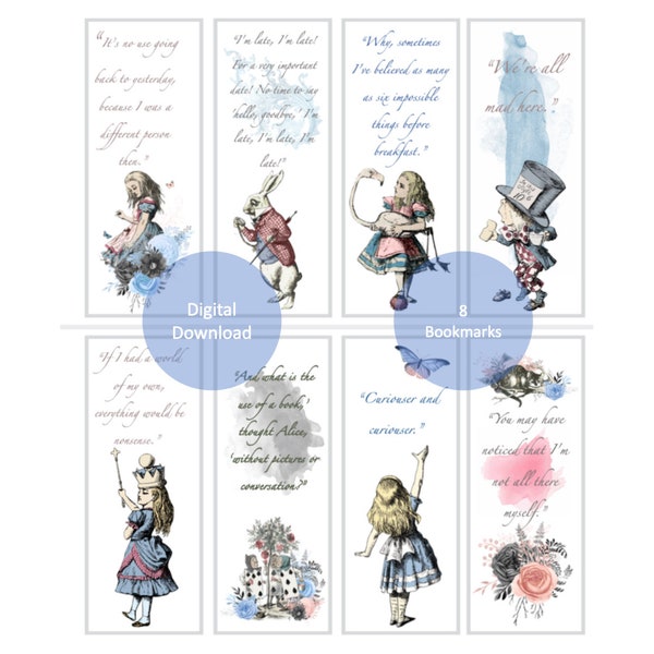 8 Alice in Wonderland Bookmarks Download Printable Watercolour Vintage Quotes Reading