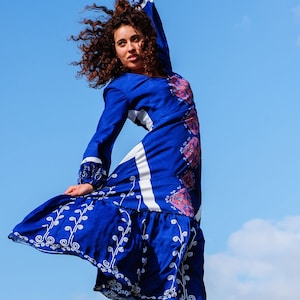 Wedding Guest Dress, Evening Gown, Hand-painted Reception Gown, Royal Blue Maxi Dress, Elegant Asymmetric Print Gala Dress