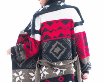 Alpaca Knit Cardigan: Boho Jacquard Wool Sweater, Plus Size
