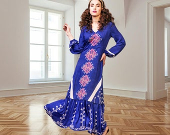 Royal Blue Maxi Dress: Bell Sleeve Ball Gown, Wedding Guest