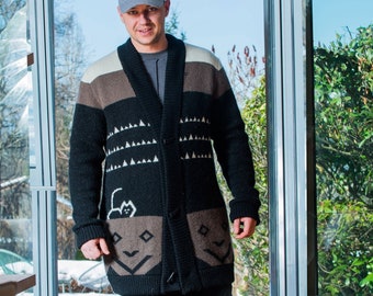 Wool Sweater, Oversized Cardigan Men, Cat Sweater Alpaca Wool, Gift For Him
