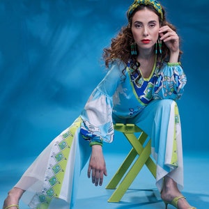 Silk Palazzo Pant Suit: Bell Sleeve Top, 70s Hippie Style