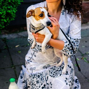 Op de afbeelding: Een vrouw met krullend bruin haar houdt een kleine bruin-witte hond vast. Ze draagt een witte jurk met een zwart-wit patroon. De hond draagt een zwart harnas. De vrouw zit op een stoep met een fles melk naast haar.