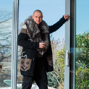 Mens Alpaca Wool Cardigan: Geometric Knit Sweater Coat with Fox Fur Collar