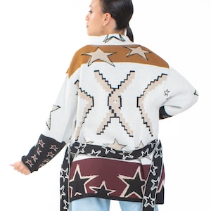 Merino Wool Cardigan: Aztec Print Long Jacket with Belt
