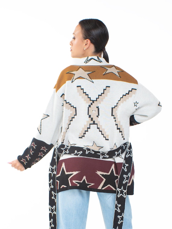 Merino Wool Boho Cardigan Sweater, Knitted Jumper With Belt, Wide