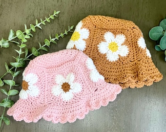 Crochet Baby Daisy Bucket Hat | Handmade Baby Sun Hat | Floral Baby Hat