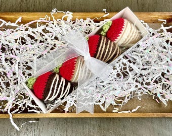 Set of 4 Crochet Chocolate Covered Strawberries | Gift Box