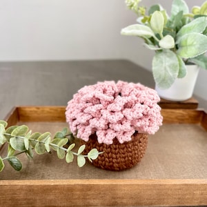 May include: A handmade crochet item featuring a pink flower-like design atop a brown basket. The item is placed on a wooden tray, with greenery in the background. The soft textures and colors create a cozy, decorative piece.