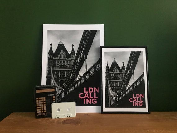 LONDON CALLING The Clash inspired Original Art Print Tower Bridge The Thames Urban Skyline Punk Rock Music Song Lyrics Pink Black