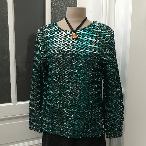 Vintage 80s sequin tunic, Lasserre, French brand, authentic vintage, glitter, green sequins festival evening show, couture fashion France