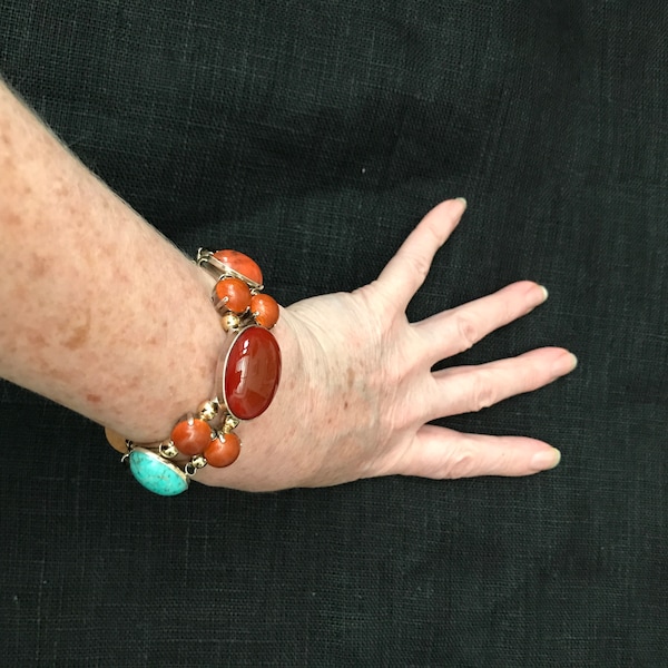 Exceptionnel bracelet créateur argent cornaline, turquoise, jaspe rouge, Paris, boho luxe