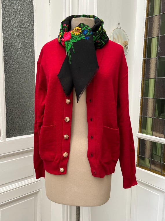 Women's Pure Wool Red Cardigan, Made in France, Vintage 1990