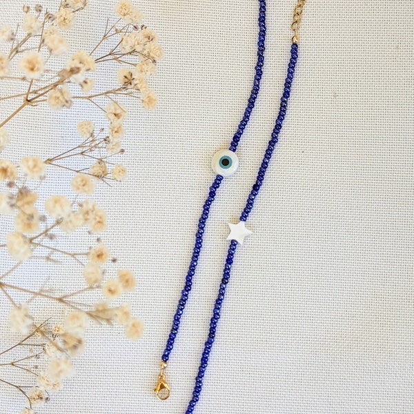 Bracelets pour femmes en perles bleues et perle œil protecteur ou étoile nacrée - Mykonos